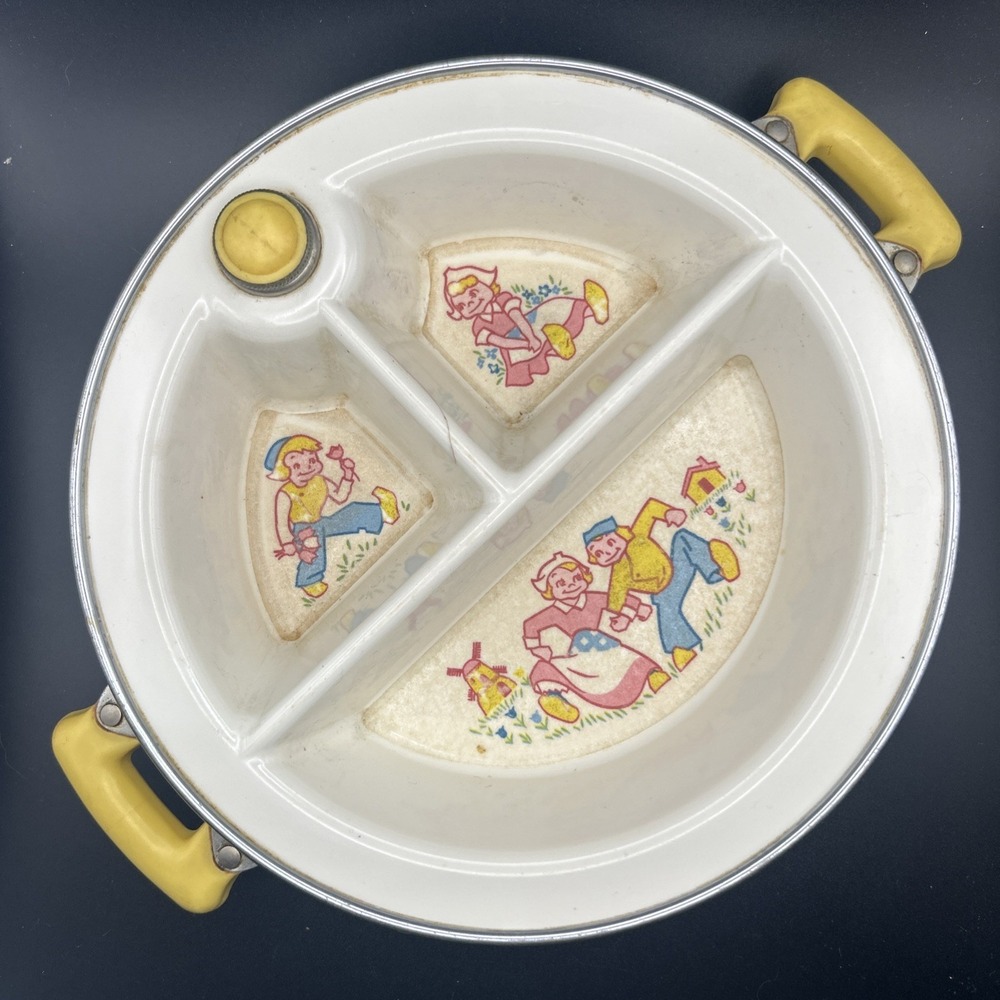 Vintage Boy & Girl Yellow Water Heated Baby Food‎ Warmer Divided Dish Screw Plug